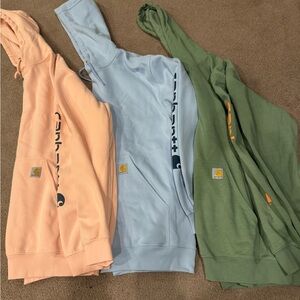 Carhartt Hoodies in Soft Peach, Sky Blue, and Olive Green